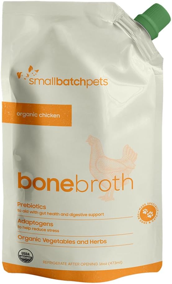 smallbatch Pets Shelf Stable Bone Broth, Organic Chicken Recipe with Prebiotics & Adaptogens, Topper for Dogs and Cats - 16 Ounce