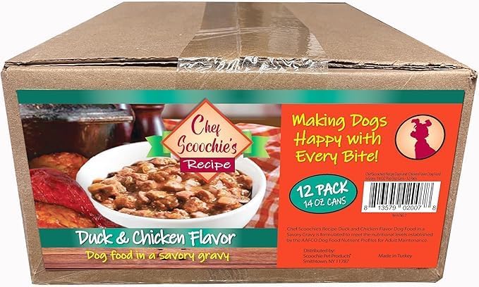 Scoochie Pet Products Chef Scoochie's Duck & Chicken Dog Food in Rich Gravy Natural Wet Food - Easy Open Pop-Top Cans for Grown Dogs - Complete Meal or Food Topper 12 Cans (14 oz e.)