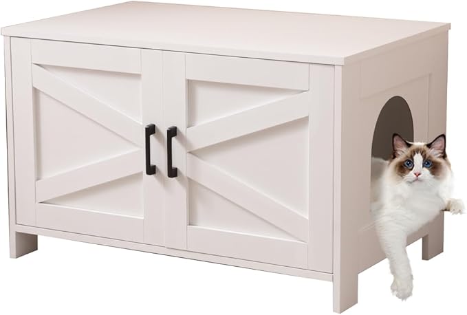 Cat Litter Box Enclosure with Barn Door Wooden Cat Washroom Furniture Litter Box Furniture Hidden End Side Table Pet House Multi Functional Double Cabinet Doors for Bedroom Living White