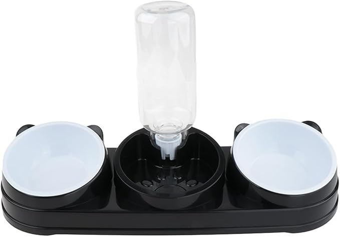 Elevated Double Bowl Pet Feeders with Automatic Water Dispenser Antislip Base for Dog Cats Daily Feeding Watering Supply - Black - Version