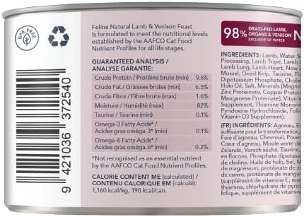 Feline Natural New Zealand Canned Wet Food, High-Meat, Low-Carb, & Grain Free Cat Food Wet, Lamb and Venison, 6 oz, Pack of 12