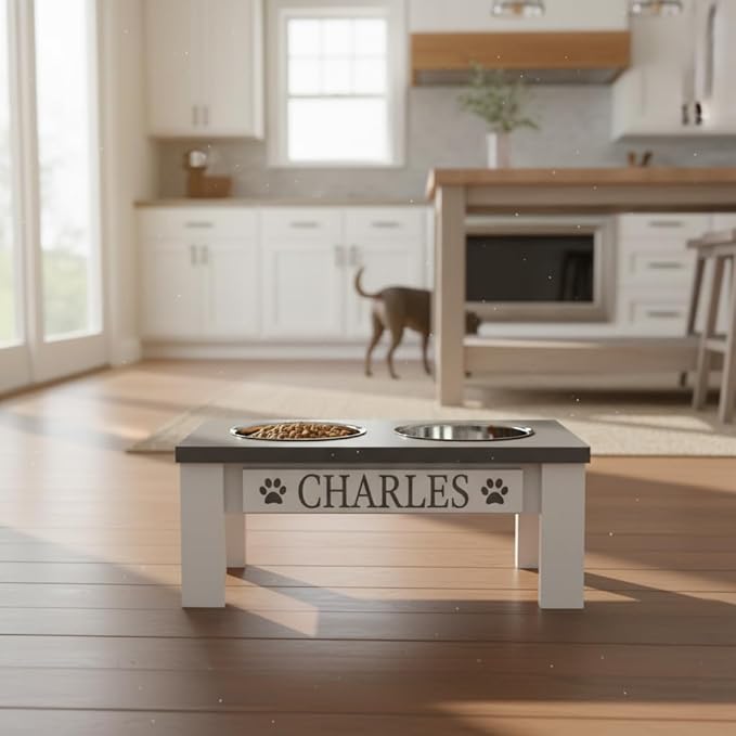 GTW Classic Elevated Dog Feeder – Wooden Elevated Stand with Stainless Steel Bowls, Anti-Slip Farmhouse Design (Small, Grey)