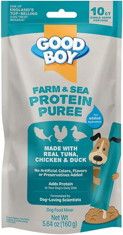 Good Boy Farm & Sea Protein Purees Dog Food Mixers for All Adult Dogs, 10 Count, Easy Single-Serve Triple Flavor Topper Treats with Tuna, Chicken and Duck