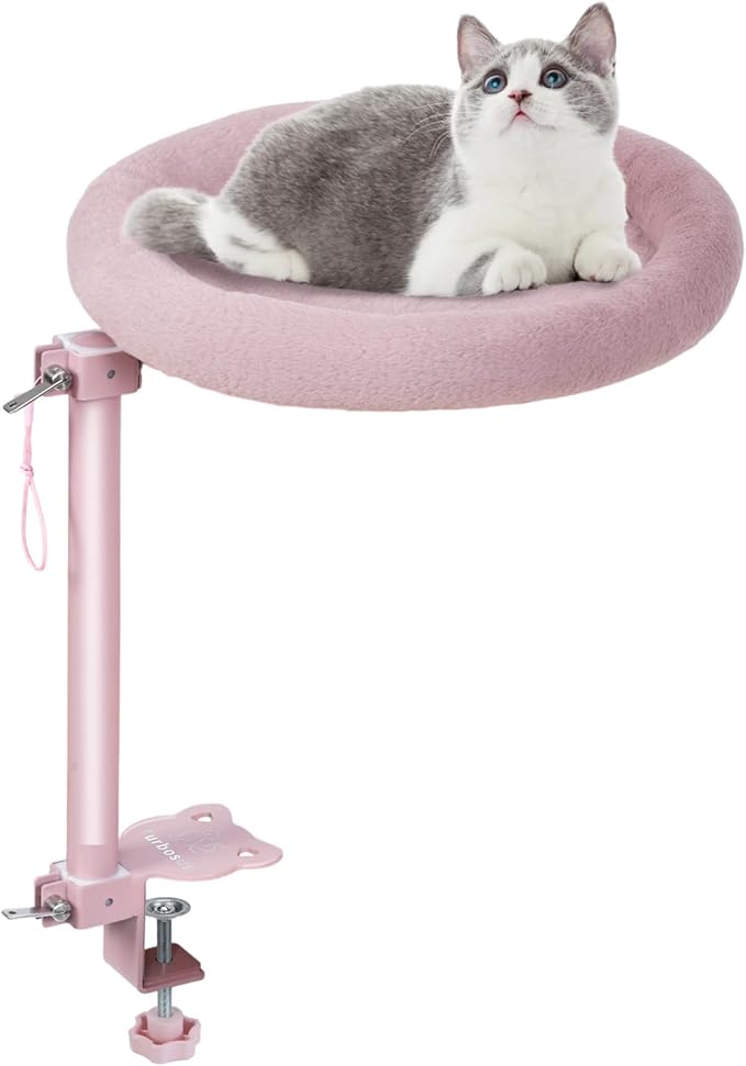 Cat Desk Bed,Steel Cat Bed for Desk,Up and Down Available,360° Rotating, Shelf Height Adjustable, Desktop Attachment Cats Nest Perch Hammock for Office Game Tables, Supports 40lb (Pink)