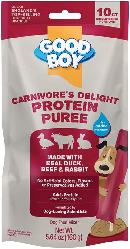 Good Boy Carnivore’s Delight Protein Purees Dog Food Mixers for All Adult Dogs, 10 Count, Easy Single-Serve Triple Flavor Topper Treats with Duck, Beef and Rabbit