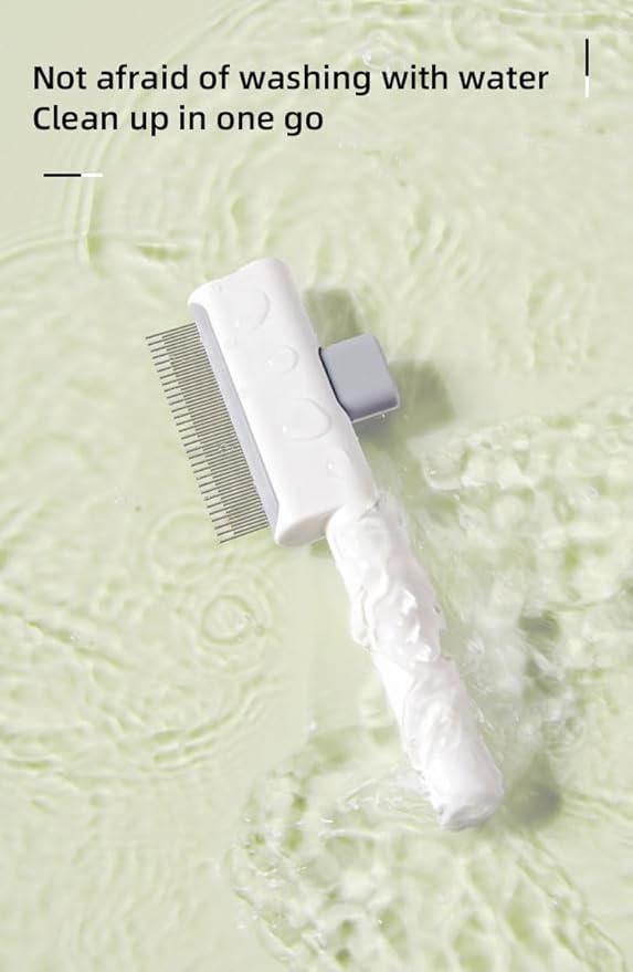 Cat Shedding Comb for Long Matted Hair, Cat Flea Comb for Indoor Cats or Dogs, Release Button Self-Cleaning Pet Combs, Long & Short Stainless Steel Metal Teeth, White