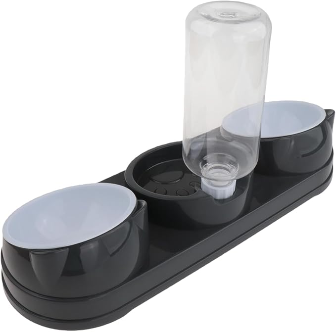 Elevated Double Bowl Pet Feeders with Automatic Water Dispenser Antislip Base for Dog Cats Daily Feeding Watering Supply - Dark Gray - Version