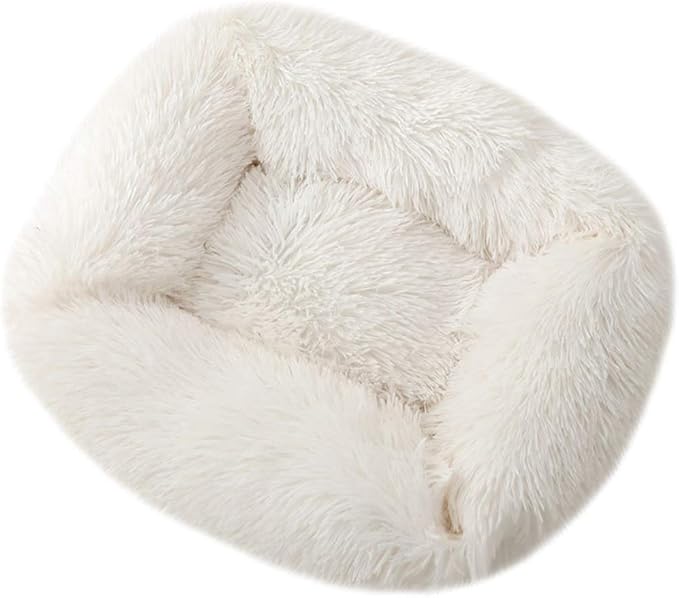 La La Pet® Donut Dog Cat Bed Cozy Cave Pet Bed Burrow Dog Bed Calming Cuddler Self-Warming Pet Bed Soft Plush Pet Cushion Improved Sleep for Cats Small Medium Dogs White S