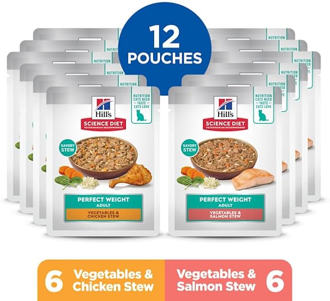 Hill's Science Diet, Perfect Weight Pouch Chicken & Salmon Stew Wet Cat Food Variety Pack, 2.8 Ounce, 12 Pack