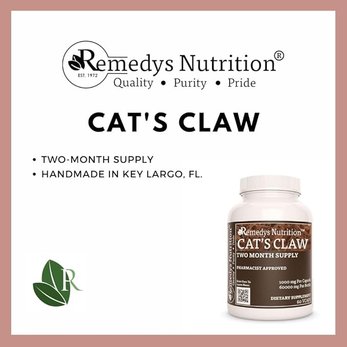 Remedy’s Nutrition Cat’s Claw Bark & Root | 1,000 mg, 60 Vegan Capsules Herbal Dietary Supplement | Two Month Supply