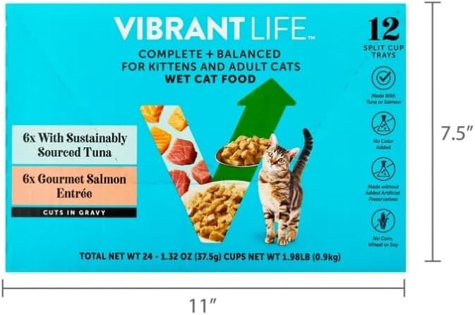 Tuna and Salmon Cuts in Gravy Wet Cat Food, Complete + Balanced Variety Pack ~ (2.64 Oz Split Cups) ~ (12 Pack) ~ Made Without Added Artificial Preservatives.