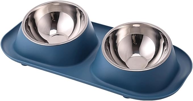 Stable Double Bowls Cat Bowl Stainless Steel Elevated Dog Water Bowl Detachable Prevent Overflow Cat Food Container Pet Supplies(Blue-2)