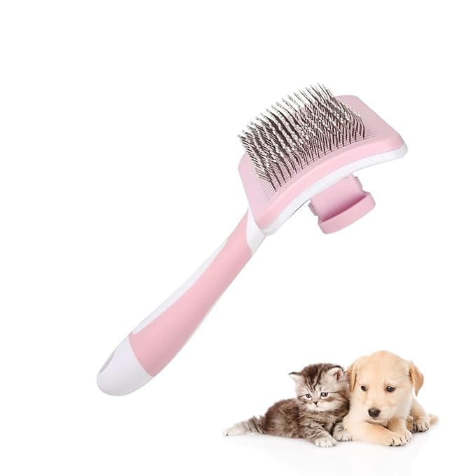 Cat Grooming Brush, Self-Cleaning Slicker Brush, Cat Brushes for Indoor Cats - Easily Removes Loose Undercoat, Pet Massage Tool Suitable for Pets with Long or Short Hair, Quick Clean (Pink)