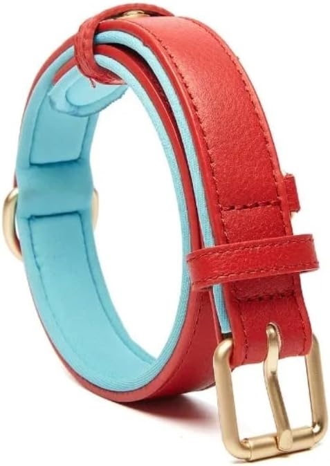 Genuine Leather Collar Pebbled First-Layer Cowhide Strangle-Proof Adjustable Dog Walking Collars Pet Supplies (S,Red)