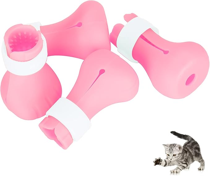 Anti Scratch Cat Shoes, 4pcs Anti Scratch Cat Foot Covers Adjustable Silicone Pet Cat Protector for Bathing Anti Off Claw Shoes Boots Cover()