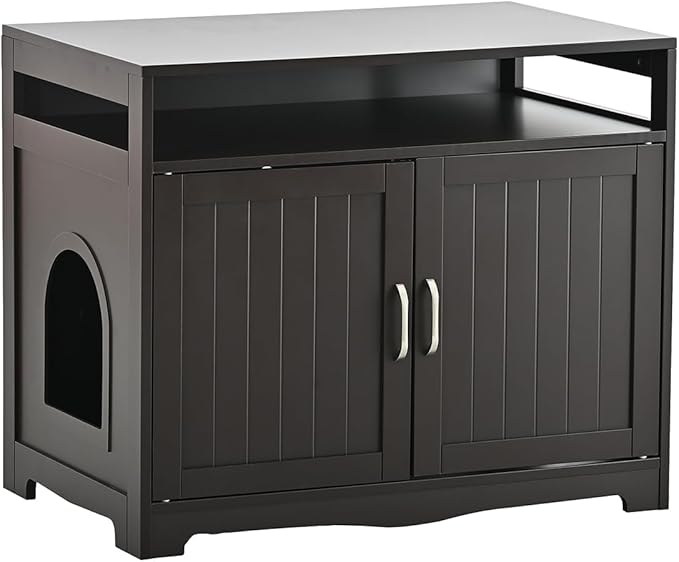 31.5" L Walnut Cat Litter Box Enclosure with Hidden Plug & 2 Doors, Indoor Large Cat Washroom Storage Bench Side Table