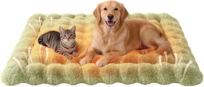 Self-Warming Dog Bed, Plush Faux Fur Mat with Anti-Slip Bottom, Ultra Soft Heated Pet Bed for Medium Large Dogs, Cozy Fluffy Pad for Carriers Couch Crate, Machine Washable, 35 x 27 Inch Green