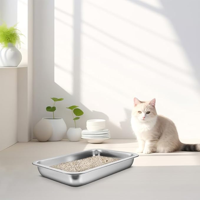 Stainless Steel Cat Litter Box Open Design Large Metal Litter Pan Easy to Clean Portable Kitten Tray for Cats and Small Pets