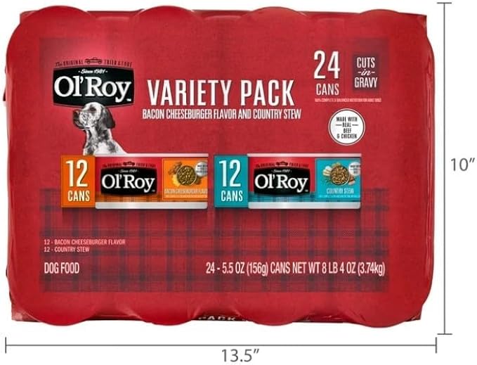 Ol's~Roys Wet Dog Food Variety Pack, 24 Cans, 5.5 oz Each, Bacon Cheeseburger & Country Stew in Gravy, Complete & Balanced Meal, Soft Texture for Small to Large Breeds, No Artificial Flavors