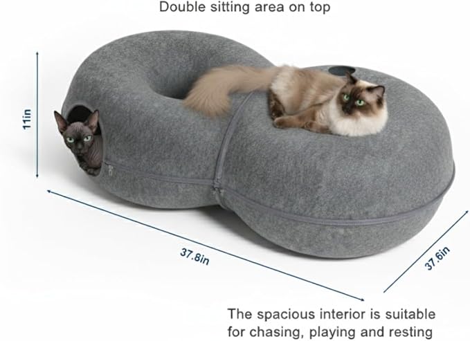 Extra Large 8-Shaped Cat Tunnel Bed 38 x 24 x 11 Inch for Indoor Cats – 2 in 1 Plush Cat Cave & Play Tunnel with Hanging Toy Balls & Bonus Bird Toy, Cozy Hideout for Multiple Cats (Dark Grey)