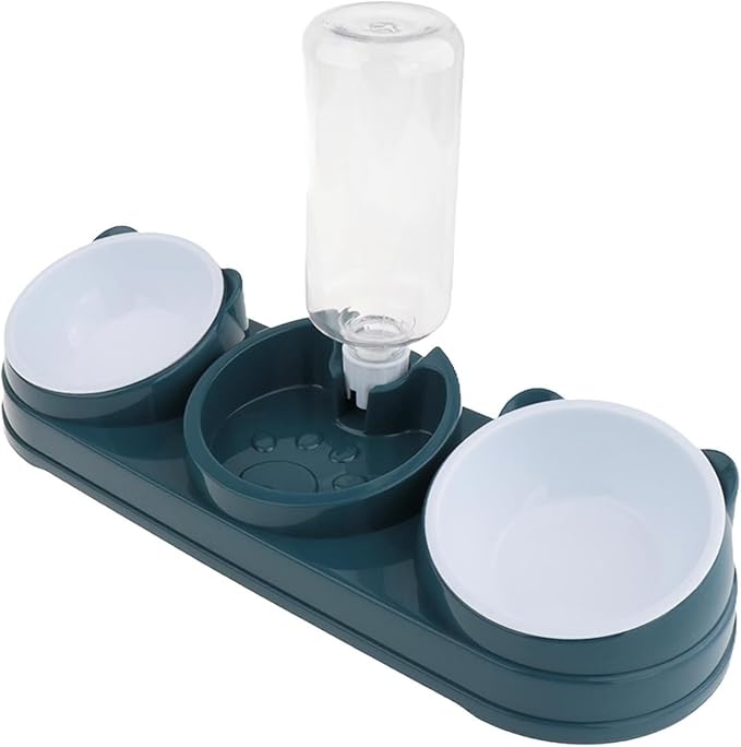 Elevated Double Bowl Pet Feeders with Automatic Water Dispenser Antislip Base for Dog Cats Daily Feeding Watering Supply - Deep Blue - Version