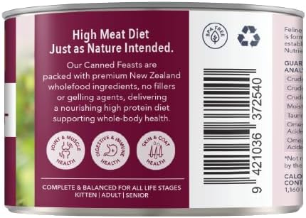Feline Natural New Zealand Canned Wet Food, High-Meat, Low-Carb, & Grain Free Cat Food Wet, Lamb and Venison, 6 oz, Pack of 12
