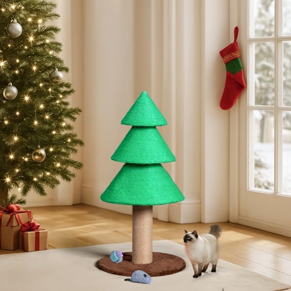 Christmas Tree Cat Scratcher Tower – 31.5" Sisal Scratching Post with Fleece Base for Indoor Cats, Holiday Décor, Sturdy Stable Base