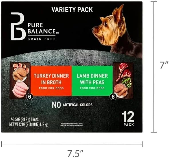 (2 Pack) ~ Pure~Balance Grain-Free Wet Dog Food Variety Pack ~ 12 Count, 3.5 Oz ~Trays, Lamb Dinner with Peas, Turkey in Broth, No Artificial Colors, Moist Texture, All Breed Adult Dogs.