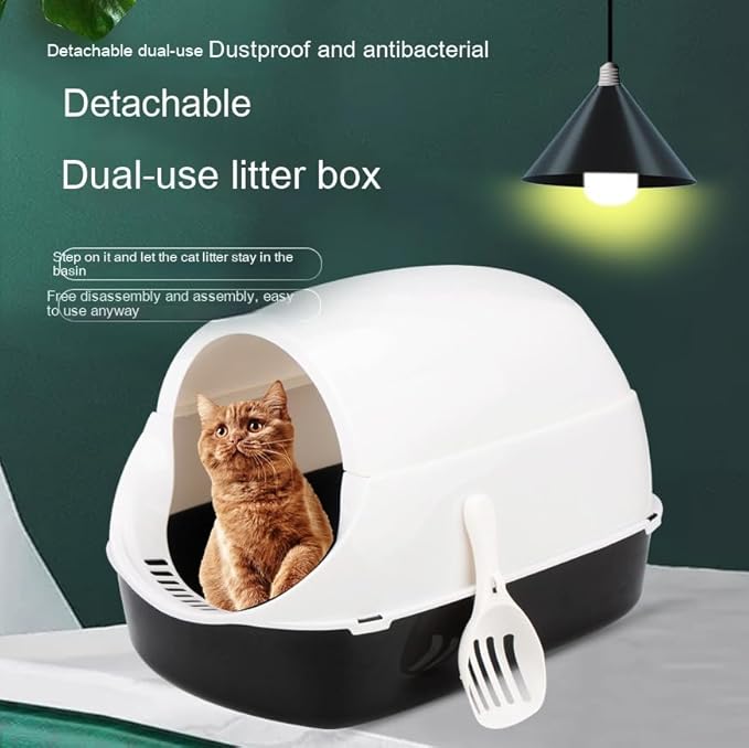 Semi-Enclosed Cat Litter Box with No Door& Built-in Scoop, XX-inch Splash-Proof Plastic PP Dual-Purpose Cat Toilet for Multi-Cat Households, Easy Clean Semi-Sealed 20.08"x 13.78" x 12.6"(Black)