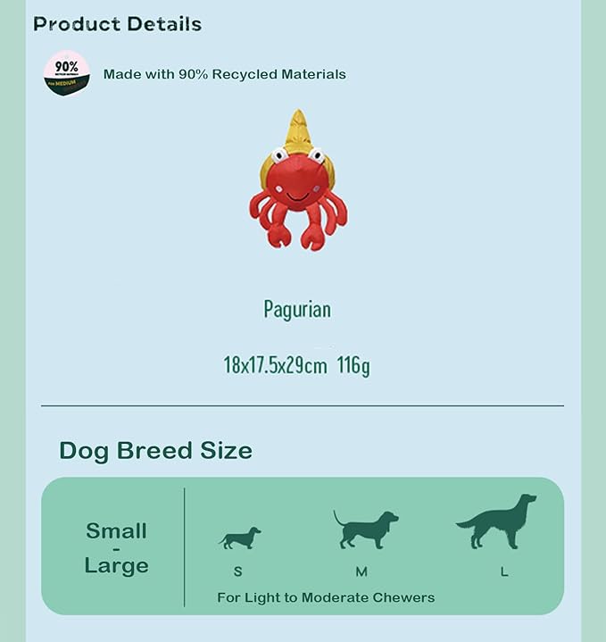 Dog Toy, Squeaky Plush Dog Toy, Rough & Tough Interactive Pet Toy, Recycled Fabric and Double Stitched (Pagurian)