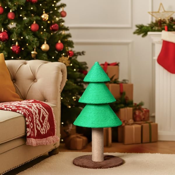 Christmas Tree Cat Scratcher Tower – 31.5" Sisal Scratching Post with Fleece Base for Indoor Cats, Holiday Décor, Sturdy Stable Base