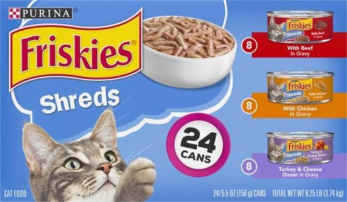 Friskies Wet Cat Food Variety Pack, Shreds Beef Chicken Turkey & Cheese | 48 Pack | 5.5 oz Cans
