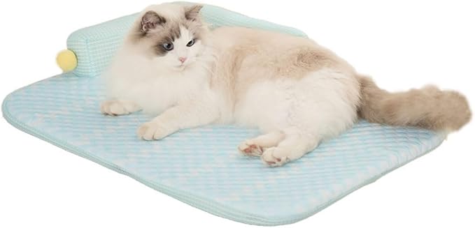 All-Season Ice Fabric Cat Bed with Cushioned Pillow/Play Ball/Washable Mat for Cats, Kittens & Small Pets（Green, Large-25"x19"x4"