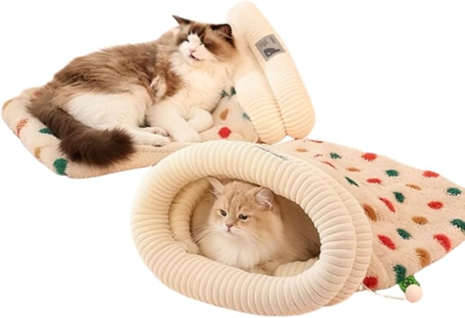 Cat Sleeping Bag, Cats Winter Sleeping Bag for Indoor Cats Cozy Plush Cat Cave Bed, Self-Warming Pet Snuggle Sack for Kitten Puppy Small Dogs (D - Beige 2 pcs, L-21"x17.7")