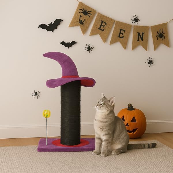 Halloween Wizard Hat Cat Scratching Post with Spring Ball Toy – Black Sisal Rope, Purple Spooky Theme, Durable MDF Base – Fun Indoor Scratcher for Cats & Kittens