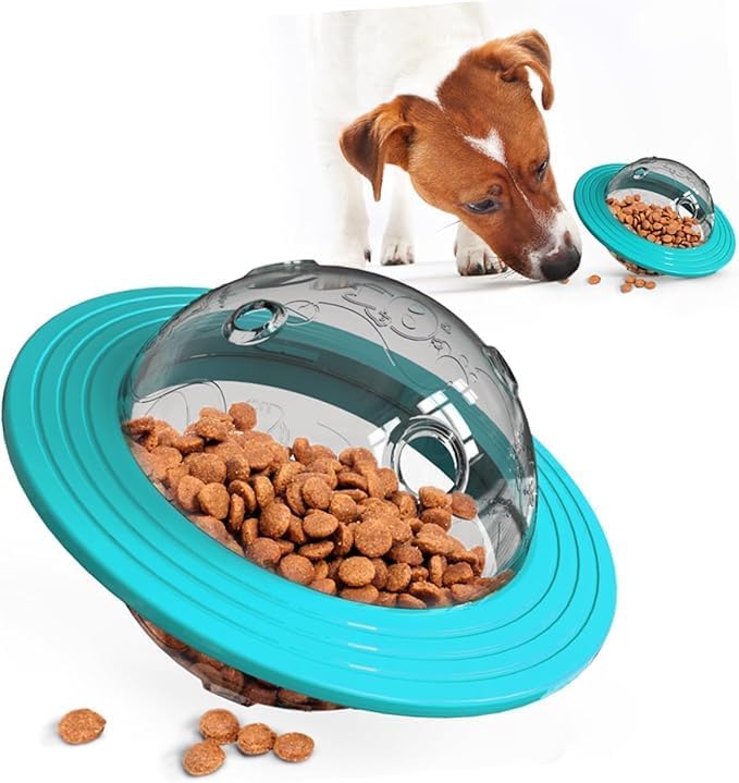 Dog Puzzle Toy, Sky Blue UFO Shapped Treat Dispenser, Food Dispensering Ball for Training and Metal Stimulation,Multifunctional Rolling Leakage Dvice