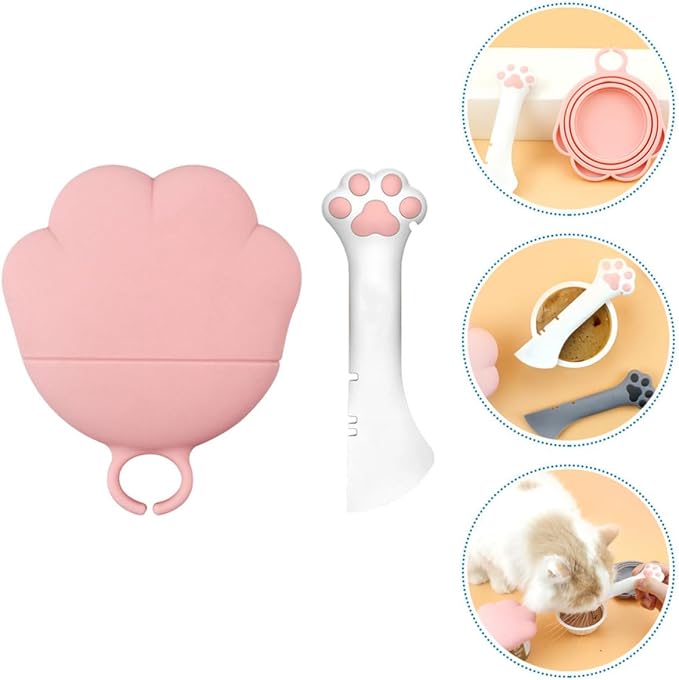 Lurrose Multifunctional Pet Can Spoon and Plastic Seal Lid Set, White Spoon with Pink Cover, Manual Pet Tin Opener for Dog Food Storage and Feeding Supplies