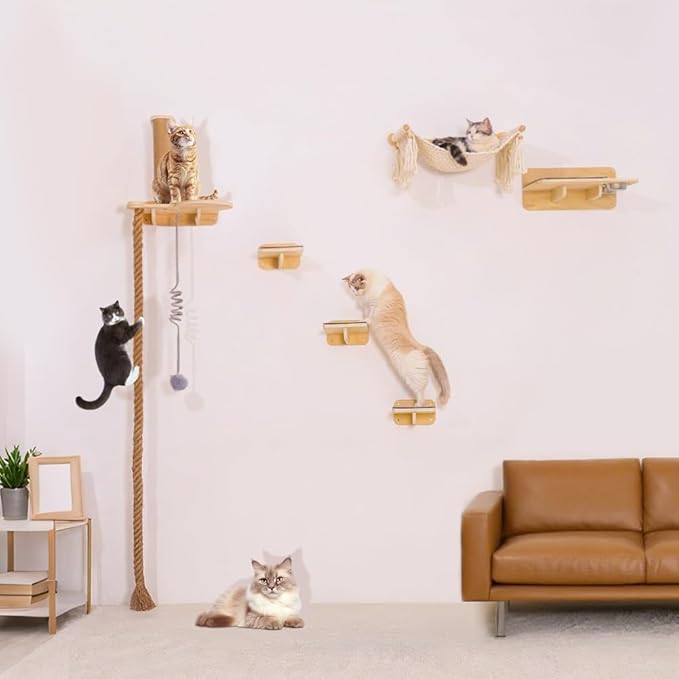 Cat Wall Shelves, Large Wall-Mounted 6-in-1 cat Furniture Set (Climbing Rope+Sisal Scratching Post+Macrame Resting Hammock+Interactive Toys Ball+Feeding Bowls Station+3 Wall Steps) for Indoor Kitties