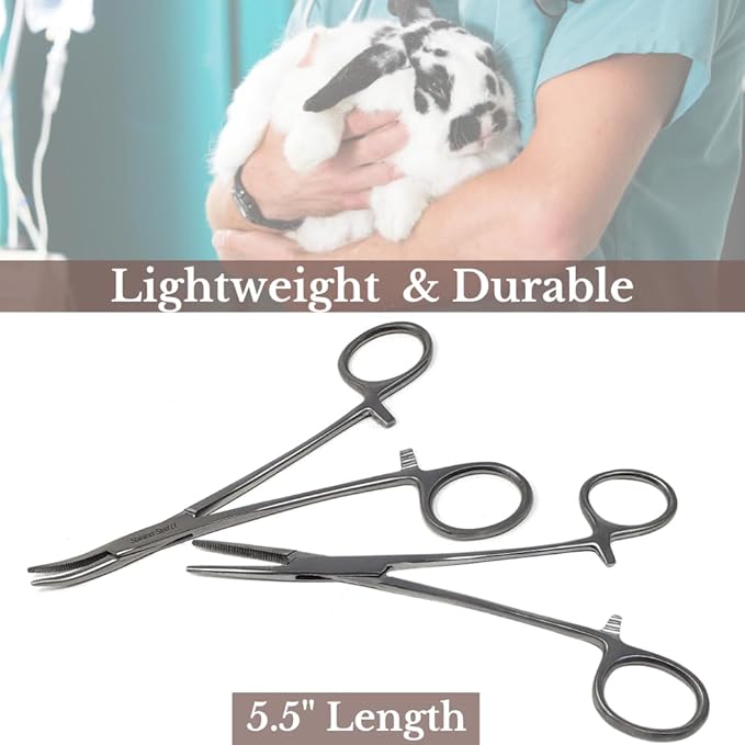 HTI Set of 2 Pcs Dog Cat Pet Hair Puller Remover Stainless Steel Hemostat Locking Forceps 5.5" Straight and Curved Full Serrated (Silver)