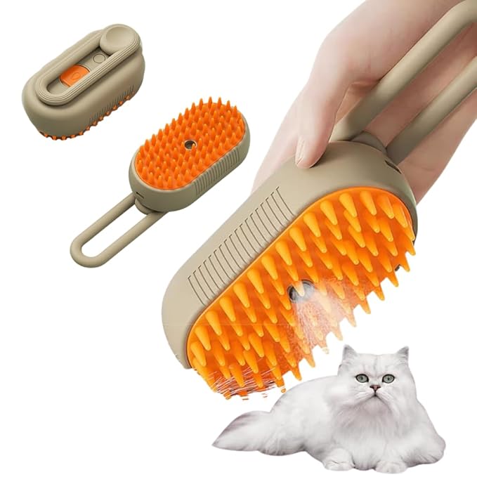 Cat Steam Brush,Rechargeable with Handle,Self-Cleaning Grooming Tool, for Cats and Dogs,3 In 1 Cat Steamy Brush, Multifunctional Hair Comb for Removing Tangled and Loose Hair (Beige)