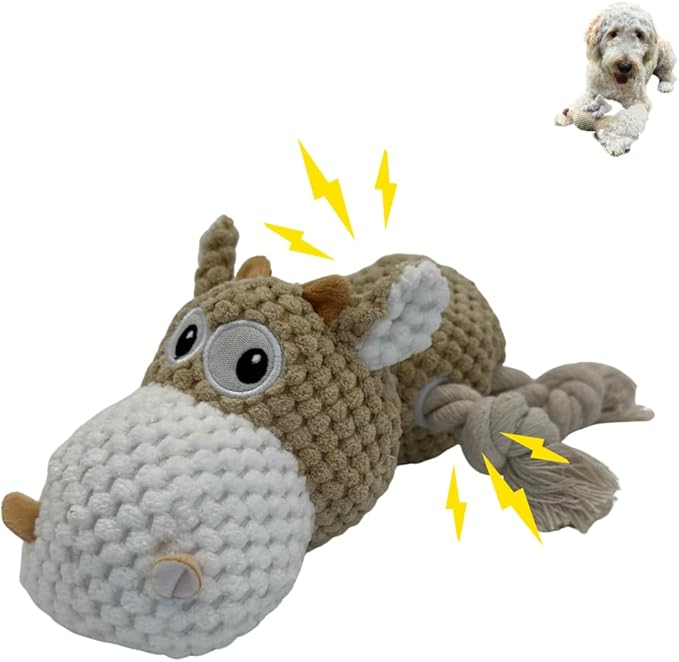 Large Dog Toy - Tan Cow Squeaky Dog Toys for Large Dogs, Medium and Small Dogs. Durable with Pineapple Plush Fabric, Rope Legs, Hidden Seams, Reinforced Stress Points, Embroidered Eyes