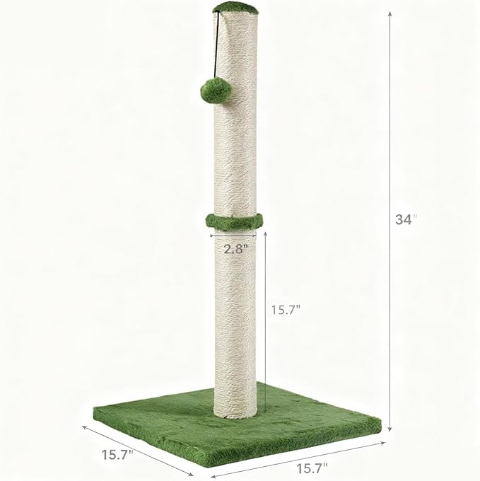 Dimaka Tall Cat Scratching Post, Claw Scratcher with Sisal Rope and Covered with Soft Smooth Plush, Vertical Scratch [Full Strectch] for Standard Size Cats (Green, 34 inches for Large Cats)