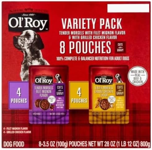 Ol's~Roys Cuts in Gravy Wet Dog Food Variety Pack, Tender Morsels Filet Mignon Flavor and Tender Morsels Grilled Chicken Flavor, 3.5 Oz ~ 8 Count ~ (2 Pack)