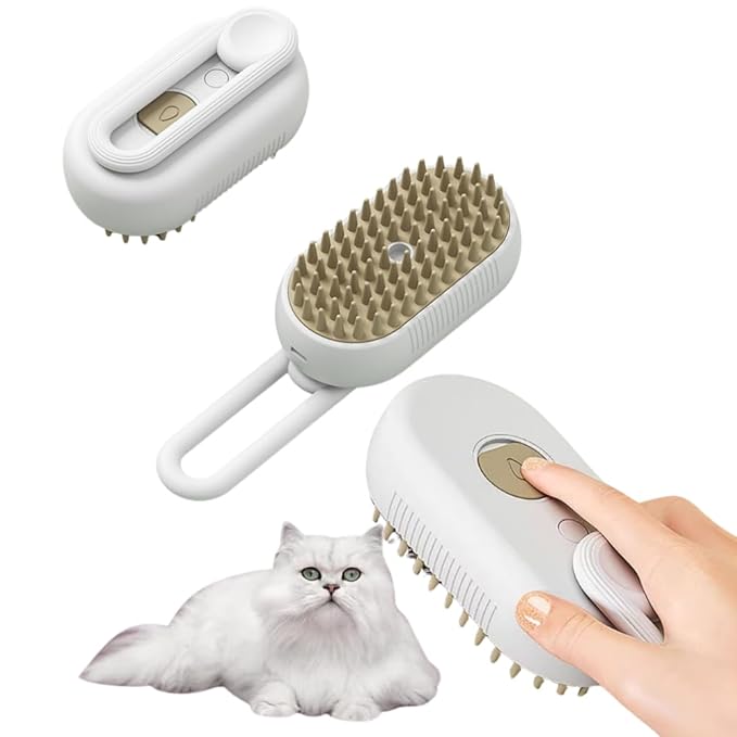 Cat Steam Brush,Rechargeable with Handle,Self-Cleaning Grooming Tool, for Cats and Dogs,3 In 1 Cat Steamy Brush, Multifunctional Hair Comb for Removing Tangled and Loose Hair (White)