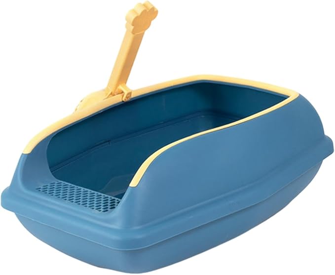 Cat Litter Box Open Top High Sided Anti Splashing Litter Tray with Scoop for Indoor Cats Kittens (2 Sizes)- L Blue