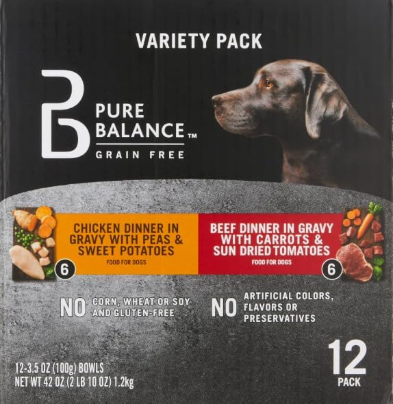 Pure ~ Balance Grain Free Chicken Dinner in Gravy & Beef Dinner in Gravy Wet Dog Food Variety Pack, 3.5 oz, 12 Count (Pack of 1)