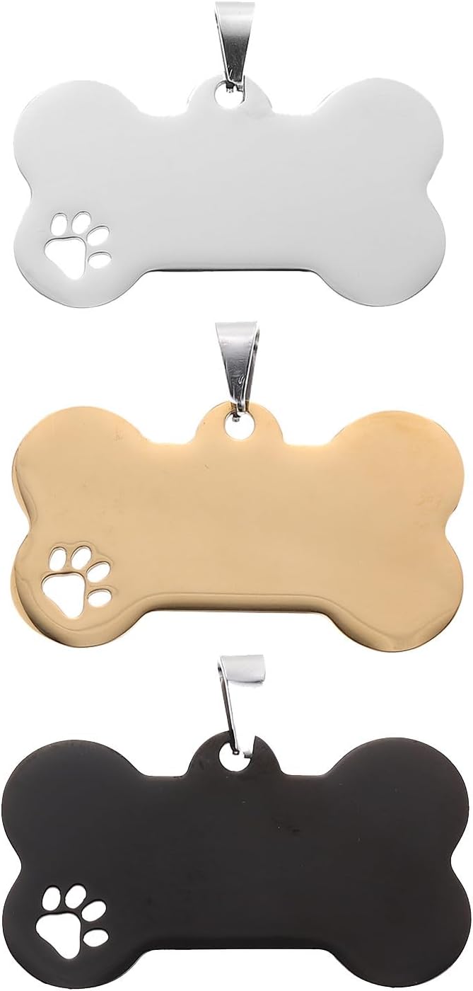 3pcs Dog Bone Shape Pet Id Tags Set, Engraved Anti-Lost Blank Dog Name Tags Pendant for Collars, Silver Black Gold Metal Hanging Pet Supplies