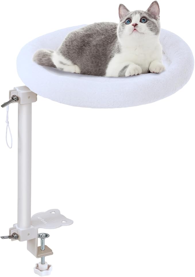 Cat Desk Bed,Steel Cat Bed for Desk,Up and Down Available,360° Rotating, Shelf Height Adjustable, Desktop Attachment Cats Nest Perch Hammock for Office Game Tables, Supports 40lb (White)
