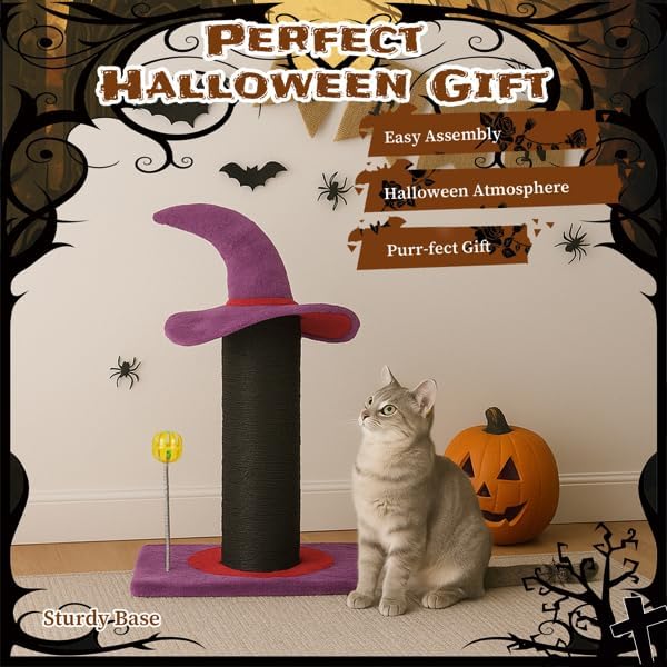 Halloween Wizard Hat Cat Scratching Post with Spring Ball Toy – Black Sisal Rope, Purple Spooky Theme, Durable MDF Base – Fun Indoor Scratcher for Cats & Kittens