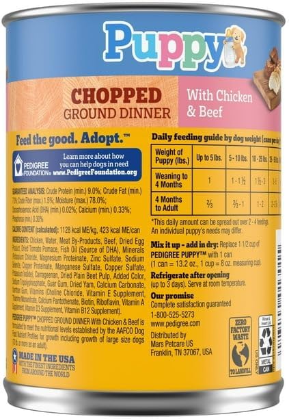 (Pack of 6) Puppy Chopped Ground Dinner with Chicken & Beef Canned Wet Puppy Food, (12) 13.2 Oz, Balanced Recipe for Puppies